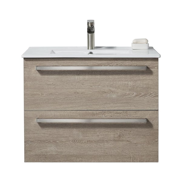 VC CUCINE 30 in. W x 18 in. D x 24 in. H Floating Bathroom Vanity in Gray Wood Grain with White Ceramic Top with White Single Sink