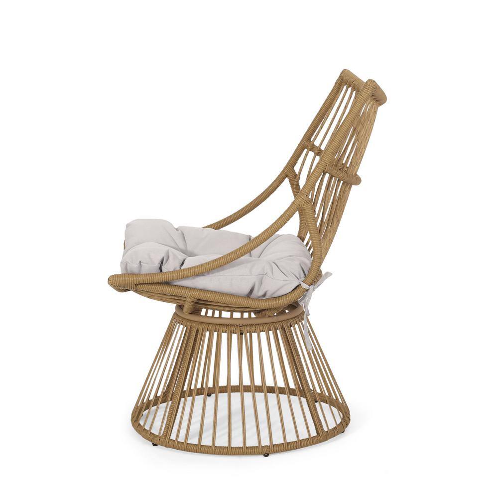 Light Brown Wicker Chair and Round Side Table Set with Weatherproof Cushion