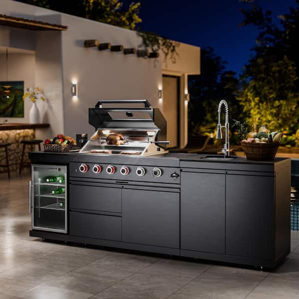 4-Burner Propane Gas Grill Island Outdoor Kitchen with Rotisserie Refrigerator Sink Storage in Stainless Steel