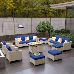 Oconee Beige 9-Piece Modern Outdoor Patio Conversation Sofa Set with a Rectangle Fire Pit and Navy Blue Cushions