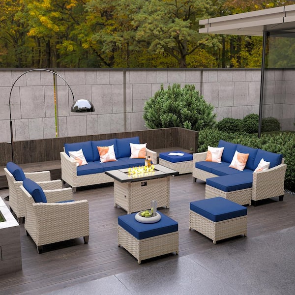 HOOOWOOO Oconee Beige 9-Piece Modern Outdoor Patio Conversation Sofa Set with a Rectangle Fire Pit and Navy Blue Cushions