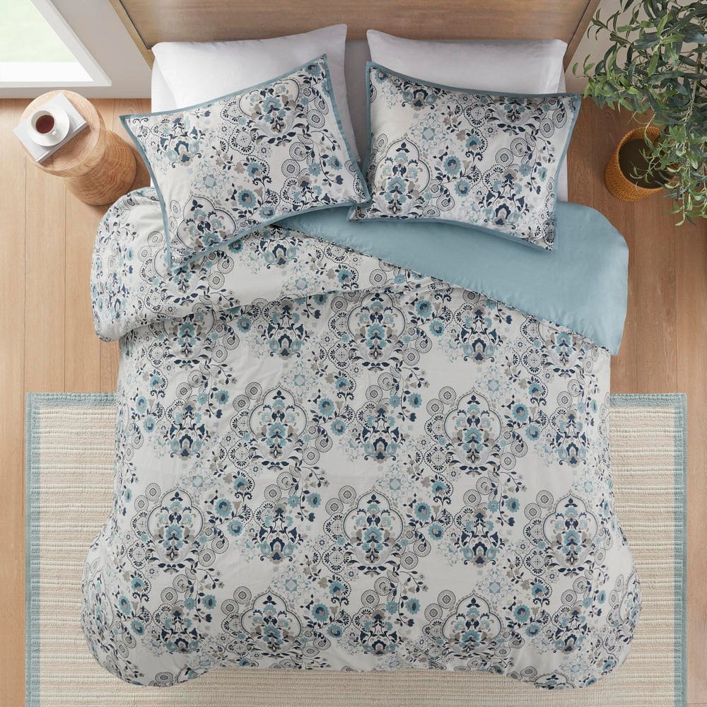 Elsie Blue Floral Cotton Full/Queen Duvet Cover Set