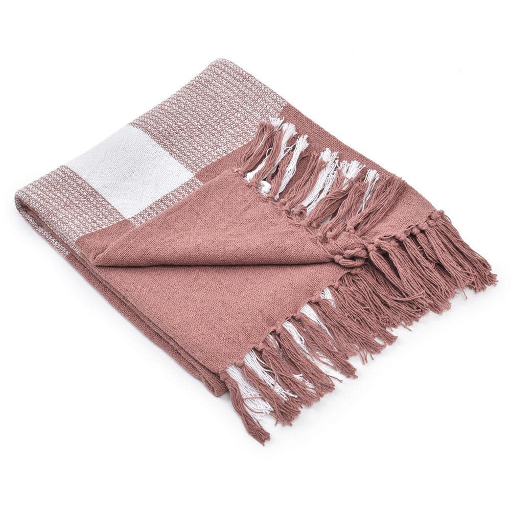 Peachy Keen and White Organic Cotton Plaid Throw Blanket, 50" x 60"