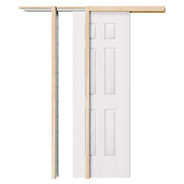 24 in. x 80 in. 6 Panel, Hollow Core, White Primed, MDF, Textured Pre-Assembled Sliding Door with All Hardware