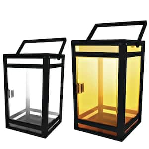 Black Solar LED Outdoor Portable Lantern Clear Panel Sconce with Amber or White Light