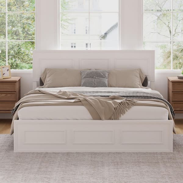 White Pine Wood Frame Queen Size Platform Bed with Adjustable Height Headboard Strengthened Bed Frame