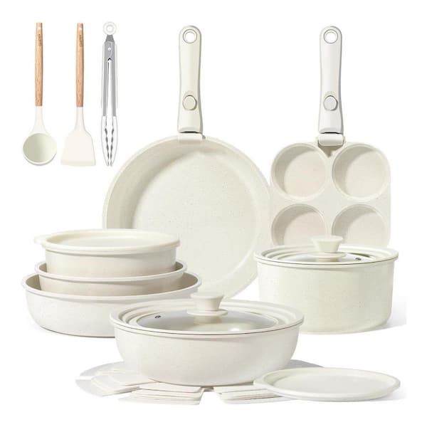 Aluminum 21-Piece Ceramic Nonstick Cookware Set Cream, Detachable