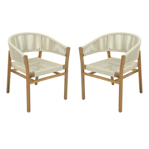 Brookhaven Rustic Paito Beige Rope Woven and Solid Wood Outdoor Dining Chairs with Curved Backrest