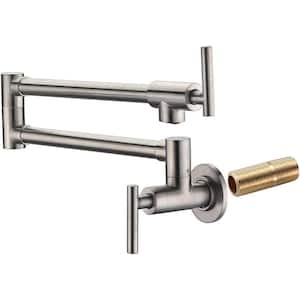 Single Hole Brass Wall Mount Kithchen Pot Filler Faucet With 2 Handles for Easy Operation in Brushed Nickel