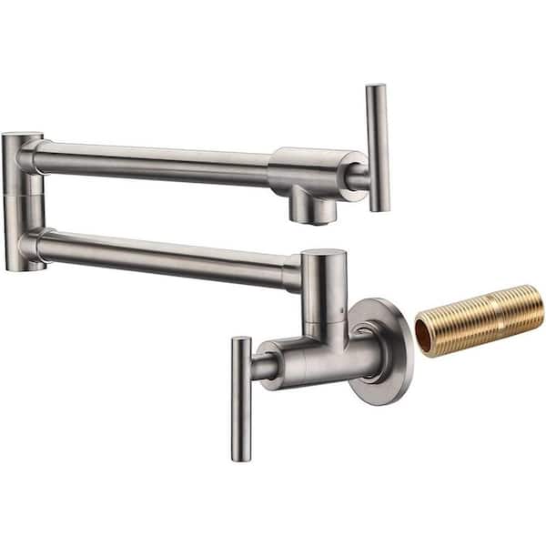 Unbranded Single Hole Brass Wall Mount Kithchen Pot Filler Faucet With 2 Handles for Easy Operation in Brushed Nickel