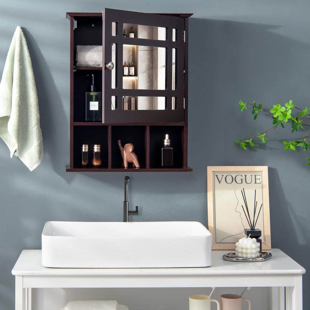 19 in. W x 6.5 in. D x 23.5 in. H Medicine Cabinet Bathroom Storage Wall Cabinet with Mirror in Brown price history on PriceWatchPro