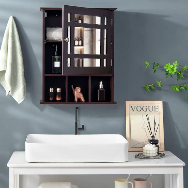 19 in. W x 6.5 in. D x 23.5 in. H Medicine Cabinet Bathroom Storage Wall Cabinet with Mirror in Brown