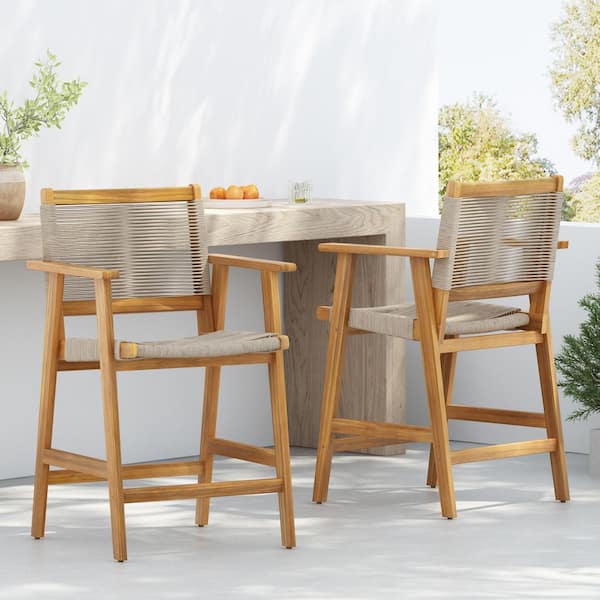 Iris Patio Teak Finish Acacia Wood and Beige Rope Weave Outdoor Counter Stool Bar Stool with Armrest, Footrest (2-Pack)