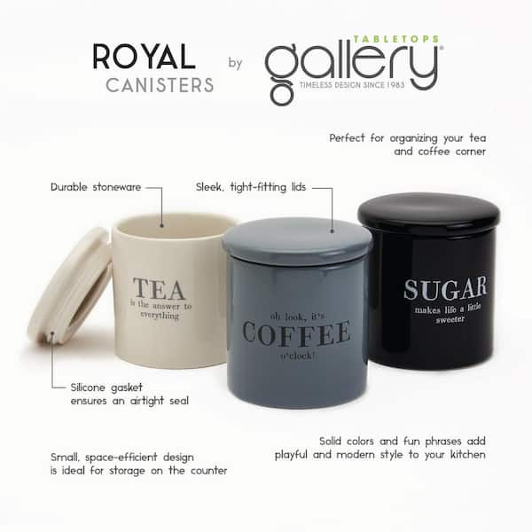 Tabletops Gallery Royal Minimalist Style Canisters Set of 3 Adorned with Sugar, Tea, and Coffee, Blue