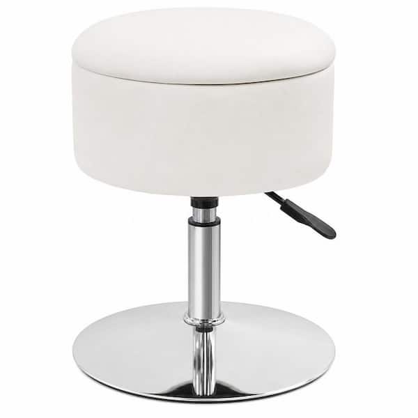 White Metal 23.2 in. Tall Makeup Vanity Stool, Adjustable Ottoman Stool with Storage Swivel, Faux Leather Seat