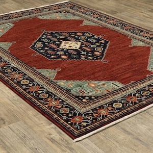 Lillian Red/Blue 10 ft. x 13 ft. Border Oriental Medallion Wool/Nylon Blend Fringed-Edge Indoor Area Rug