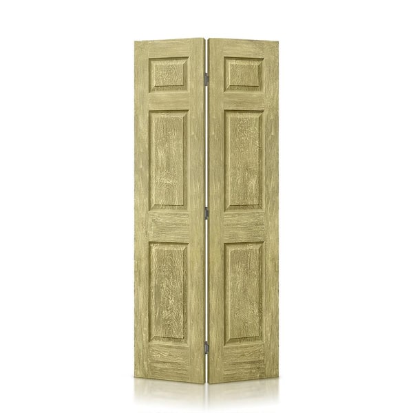30 in. x 84 in. Hollow Core Antique Gold Stain 6 Panel MDF Composite Bi-Fold Closet Door with Hardware Kit