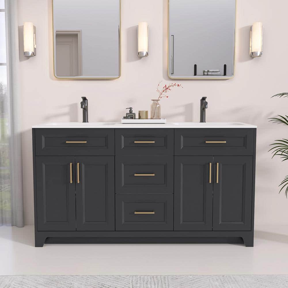 NTQ 60 in. W x 22 in. D x 34 in. H Double Sink Bath Vanity in Dark Gray Bathroom Vanity Cabinet ...