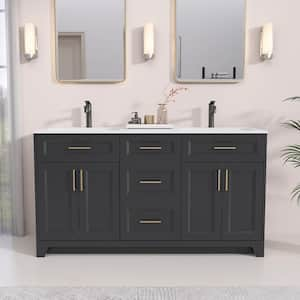 60 in. W x 22 in. D x 34 in. H Double Sink Bath Vanity in Dark Gray Bathroom Vanity Cabinet with White Solid Resin Top