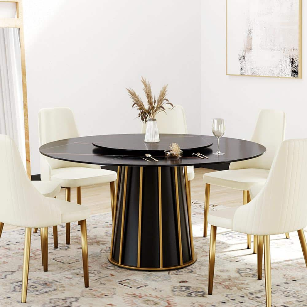 59.05 in. Black Circular Rotable Sintered Stone Tabletop with Lazy Susan Pedestal Base Kitchen Dining Table (Seats-8) -  Magic Home, MH-A-RD150BB-4B