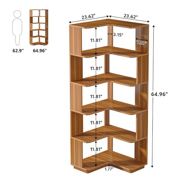 Jannelly 65 in. Tall Wood Color Engineered Wood 6-Shelf Corner Standard Bookcase Bookshelf with Anti-Drop Panel