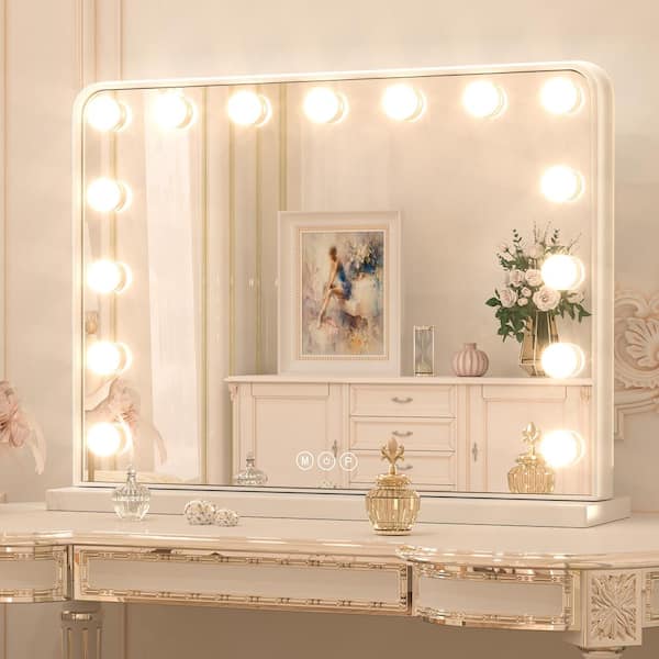 KeonJinn 23 in. W x 18 in. H Large Hollywood Vanity Mirror Light, Makeup Dimmable Lighted Mirror for Table in White Frame
