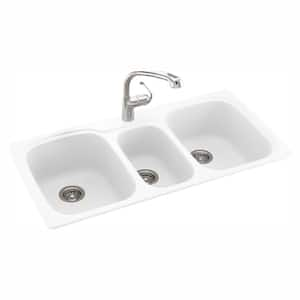 Drop-In/Undermount Solid Surface 44 in. 1-Hole 40/20/40 Triple Bowl Kitchen Sink in White