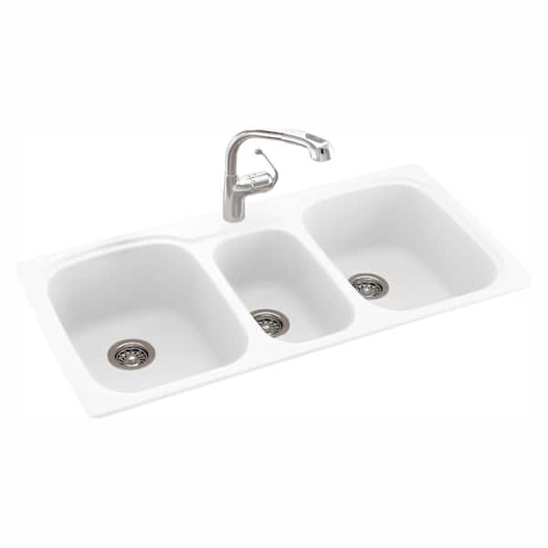 Swan Drop-In/Undermount Solid Surface 44 in. 1-Hole 40/20/40 Triple Bowl Kitchen Sink in White