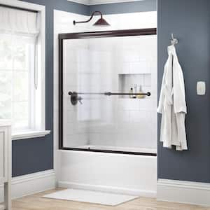 Traditional 59-3/8 in. W x 58-1/8 in. H Semi-Frameless Sliding Bathtub Door in Bronze with 1/4 in. Tempered Clear Glass