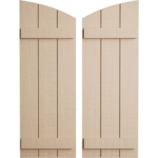 Ekena Millwork 16.5 in. x 44 in. Polyurethane Rough Cedar 3 Board Joined Board-n-Batten Elliptical Top Faux Wood Shutters Primed Tan