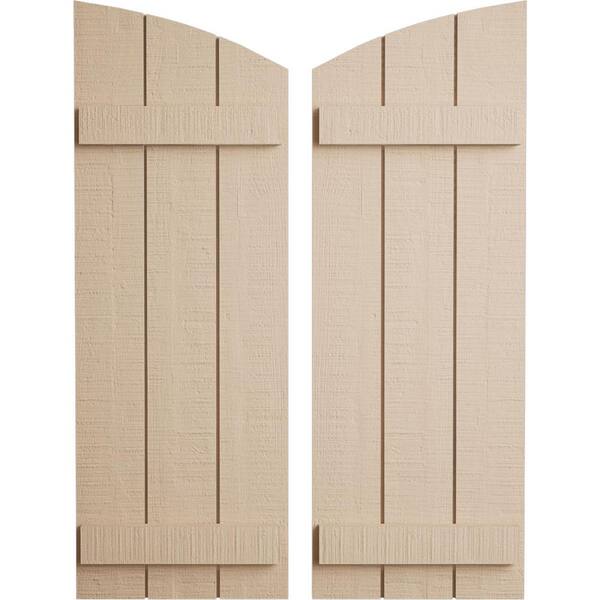 Ekena Millwork 16-1/2 in. x 62 in. Polyurethane Rough Cedar Three Board Joined Board-n-Batten Elliptical Top Shutters Primed Tan