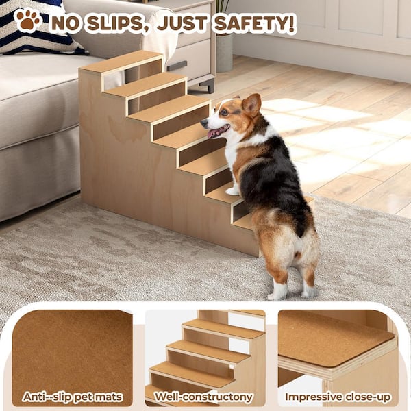 Coziwow 7 Steps Stairs for Dogs Cats Dog Steps for High Bed Couch Short Leg Pet Stairs with Carpet Step and Non Slip Pads Natural