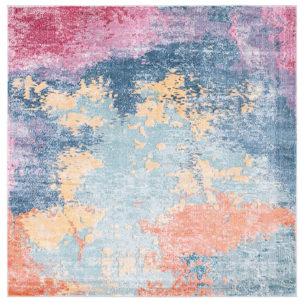 Porcello 7 ft. x 7 ft. Blue/Pink Distressed Marble Square Area Rug