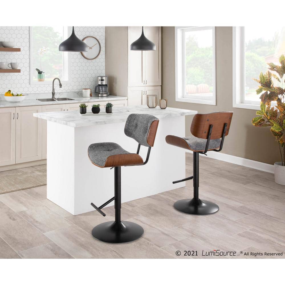 Gray Adjustable Swivel Barstool with Walnut Wood Accent