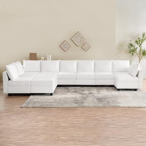 Contemporary Air Leather 9 Seater Upholstered Sectional Sofa with Double Ottoman in Bright White