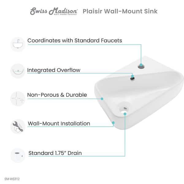 Plaisir 18 in. x 11 in. Ceramic Wall Hung Vessel Sink with Right Side Faucet Mount in White