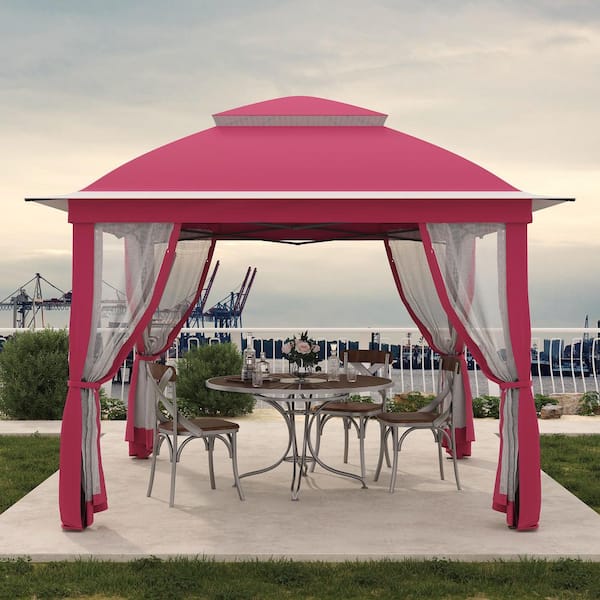 11 ft. x 11 ft. Pro Series Outdoor Instant Canopy Shelter Tent with Mosquito Netting Metal Frame Storage Bag, Pink
