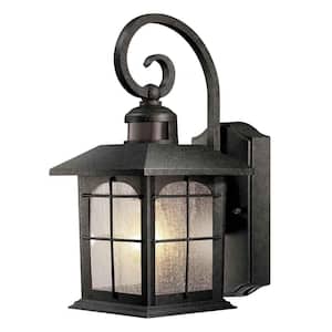 14.2 in. 180-Degree 1-Light Aged Iron Outdoor Motion-Sensing Wall Lantern Sconce