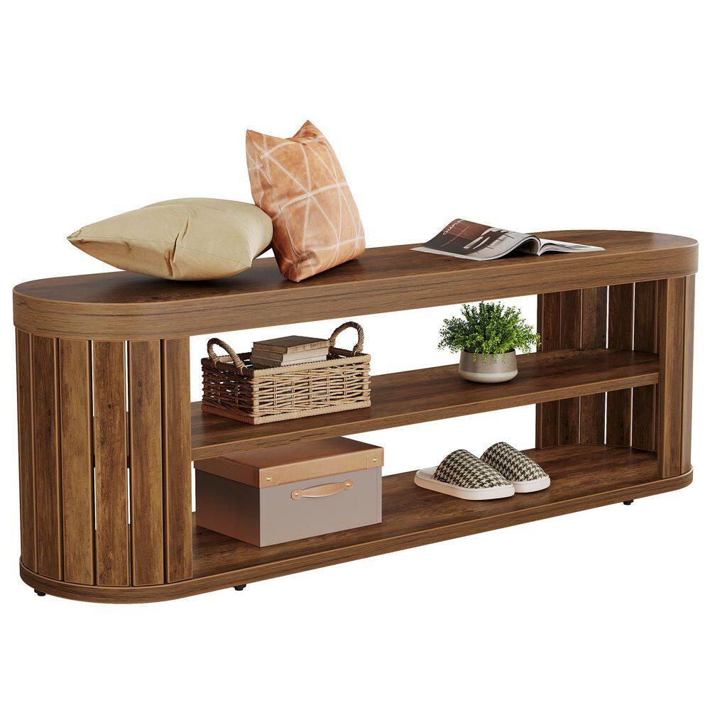 47. 24in. Brown Entryway Dining Bench with 2-Shelf, Round Edges & Fluted Design for Bedroom, Dining Room price history on PriceWatchPro