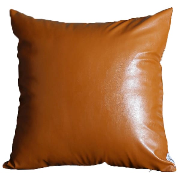 MIKE & Co. NEW YORK Brown Boho Handcrafted Vegan Faux Leather Square Solid 17 in. x 17 in. Throw Pillow Cover