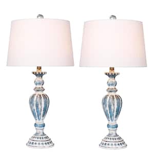 29.5 in. Distressed Candlestick Cottage Antique Blue Resin Table Lamp (2-Pack)