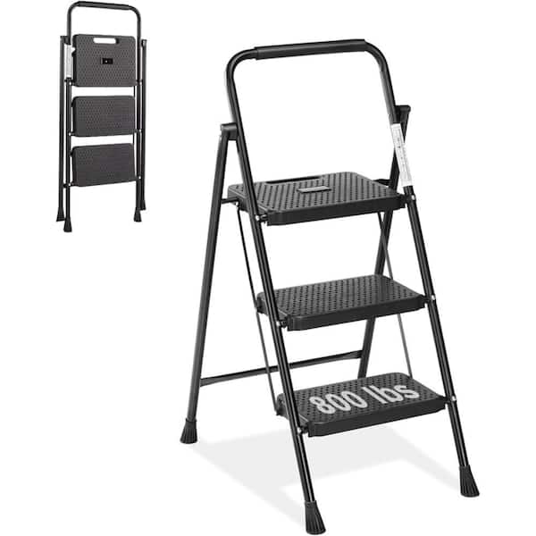 3-Step Lightweight Steel Step Stool (9 ft. Reach) with Anti-Slip Wide Pedal and Handrails, 800 lb. Load Capacity