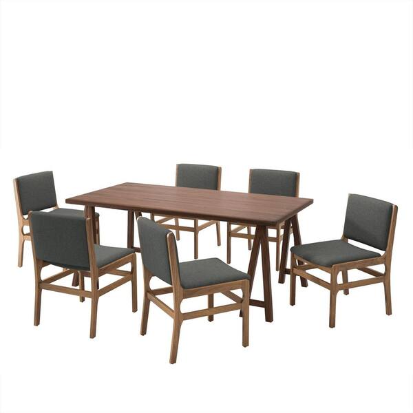 Capps 7-Piece Walnut Finish Dining Set with Dark Gray Fabric Upholstered Seats, Solid Wood
