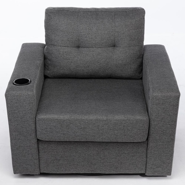 Tenleaf Metal Outdoor Couch Ergonomic Casual 90 Degree Swivel Soft Egyptian Velvet Sofa Seat with Gray Cushions, Drink Holder
