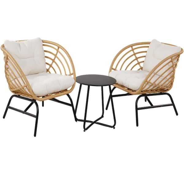 3-Piece Outdoor Furniture Set-Wicker Sofa with Thick Beige Cushions