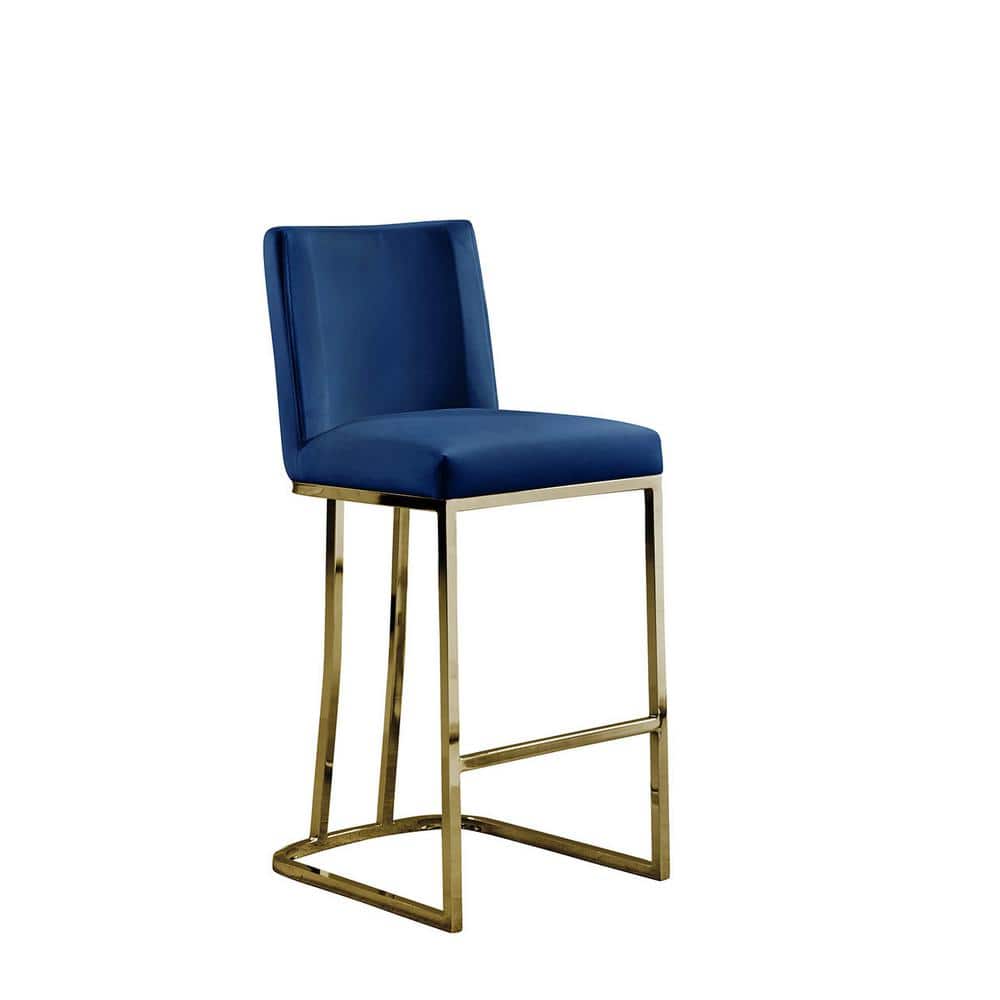 Navy Blue Velvet & Chrome Gold 38" Metal Counter Stool Set
