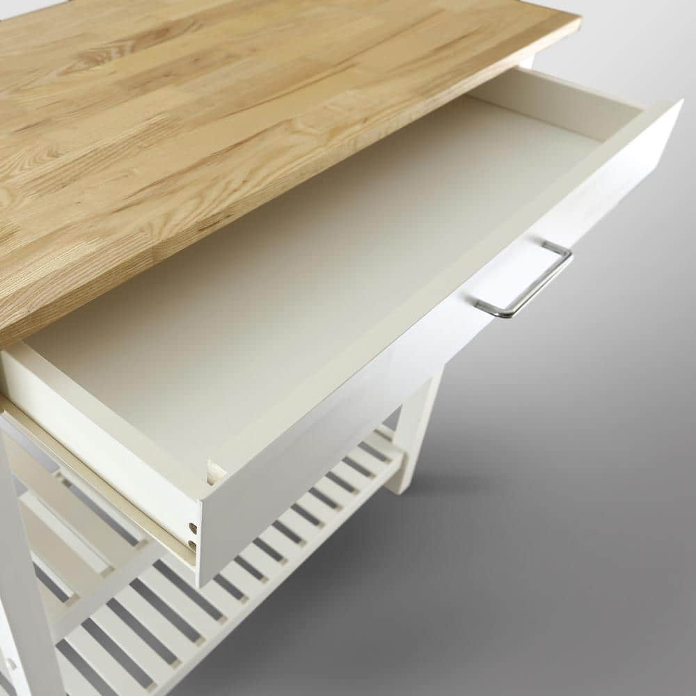 Sophisticated White Solid Wood Top Kitchen Island with Storage