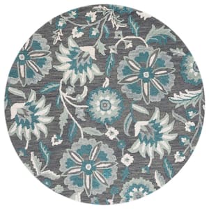 Blossom Gray/Blue 6 ft. x 6 ft. Floral Scroll Round Area Rug