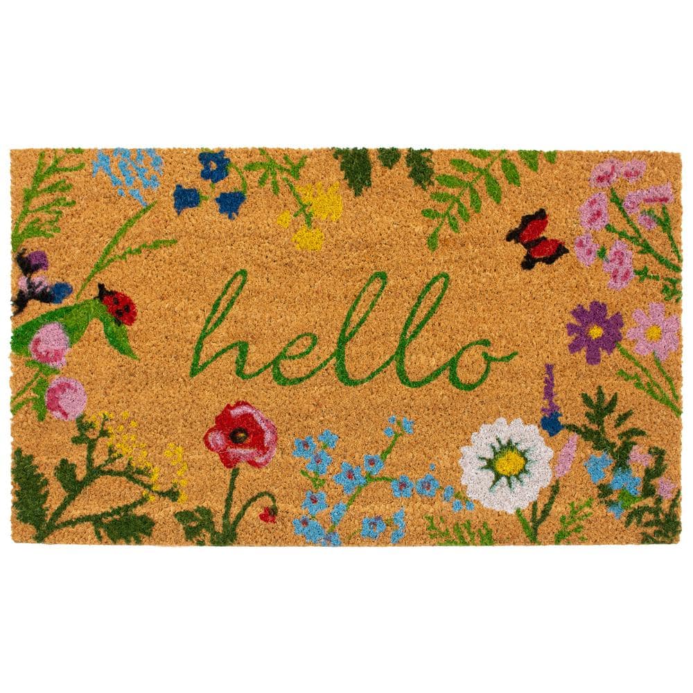 Floral Spring Coir Door Mat for Front Porch, Lavender Flower Outdoor Welcome Mat (30 x 17 inches)