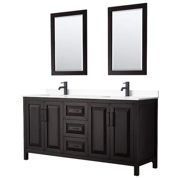 Wyndham Collection Daria 72 in. W x 22 in. D x 35.75 in. H Double Bath Vanity in Dark Espresso w/ White Cultured Marble Top, 24 in. Mirrors